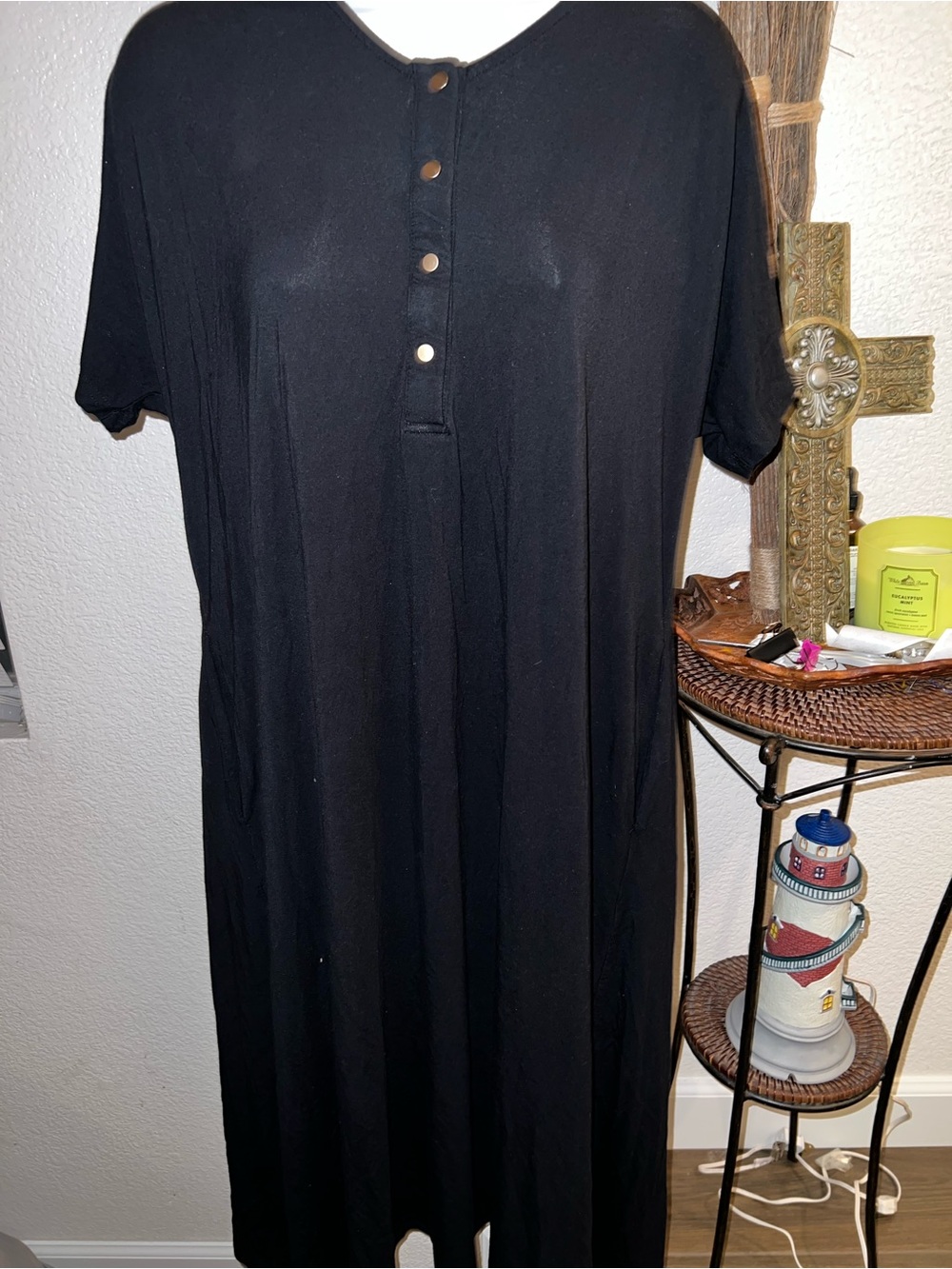 Nesting Olive Black Button-Front Midi Dress